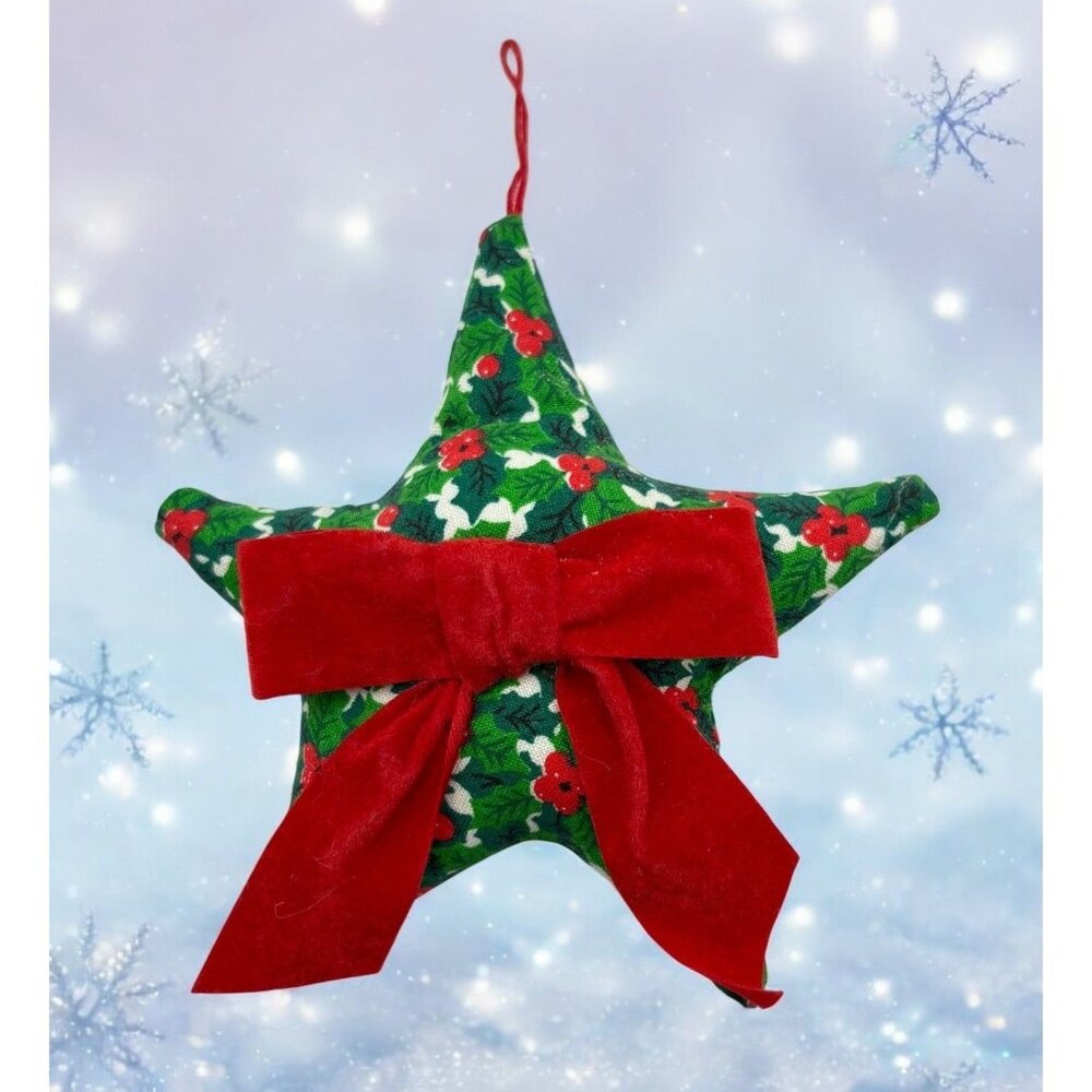 Handmade Star Christmas Tree Ornament Vintage with Red Velvet Bow Holly Print